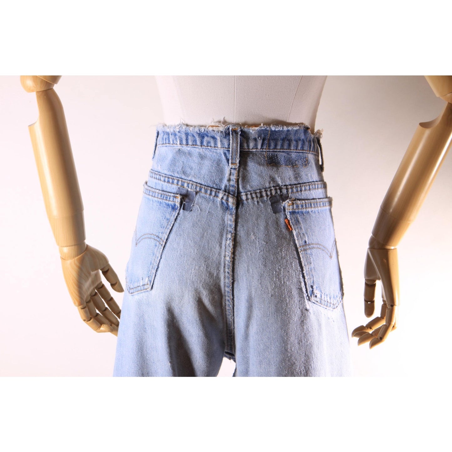 1980s Distressed Patch Fraying Blue Denim Orange Tab 517 Jeans by Levi's -38x29