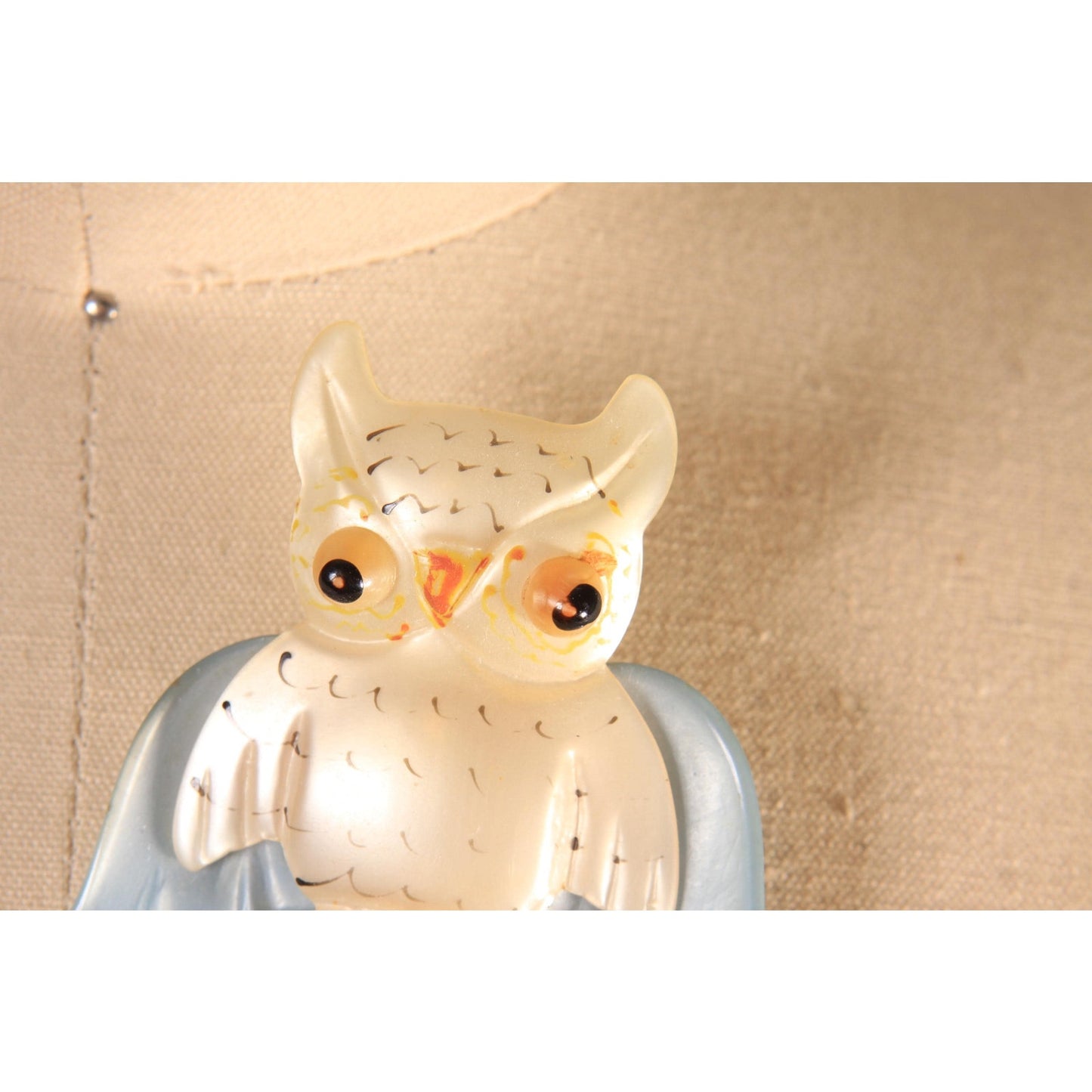 1940s Novelty Cream, Blue and Orange Novelty Owl Celluloid Plastic Brooch