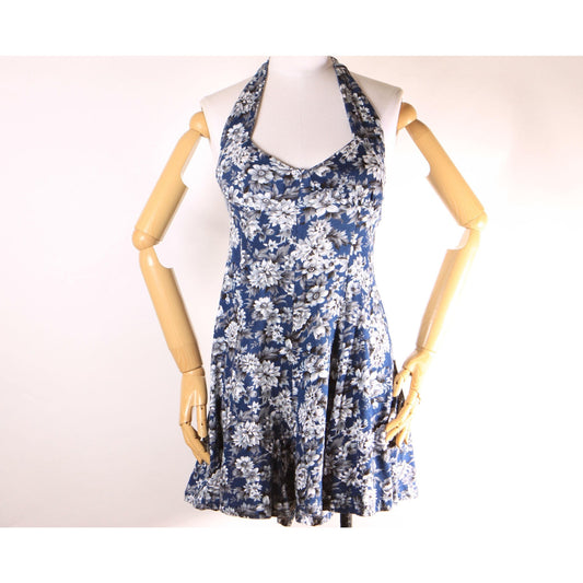1990s Blue and White Floral Halter Top One Piece Romper by Energie -M