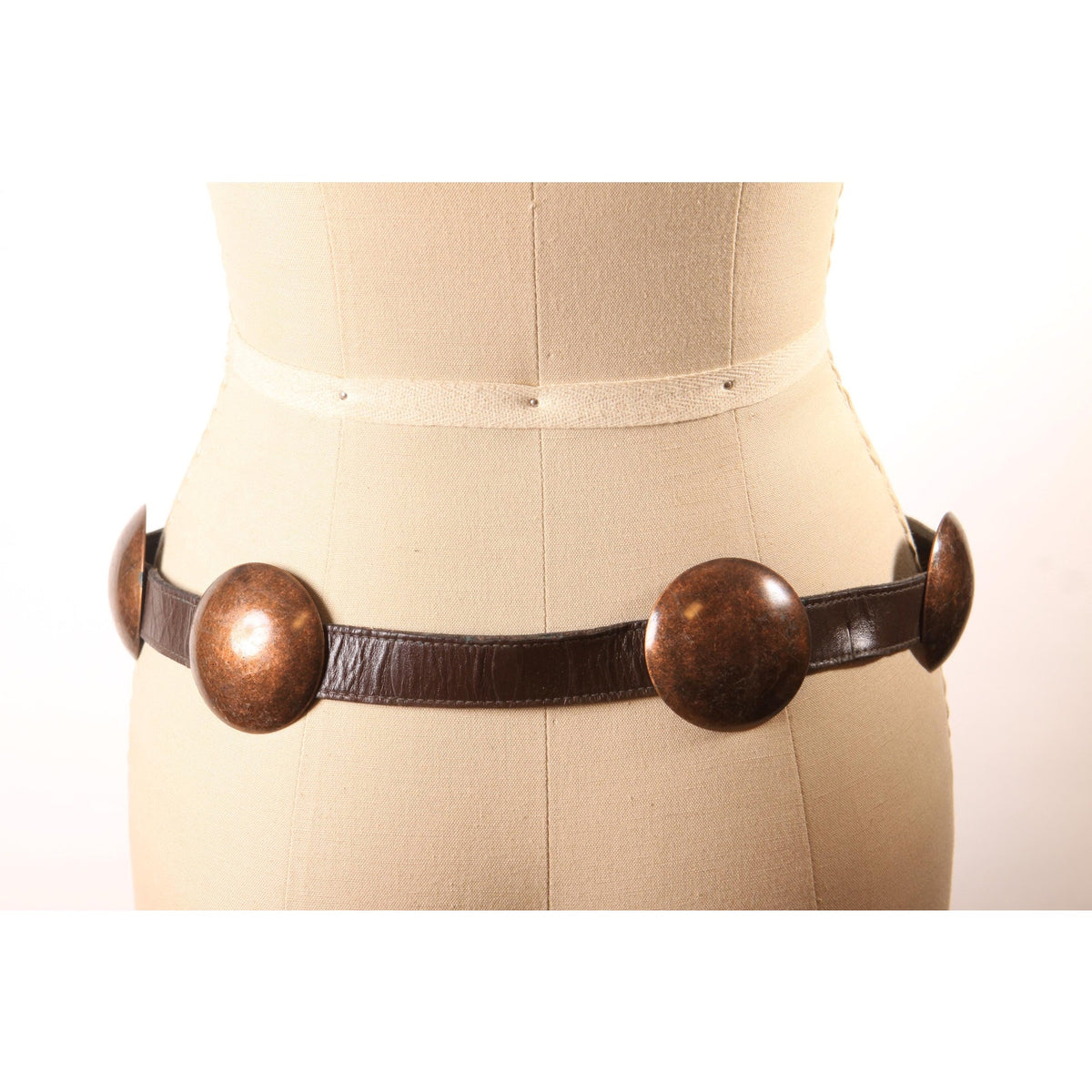 1980s Dark Brown Leather and Brass Copper Metal Tone Concho Circle Chunky Belt by R.J. Graziano