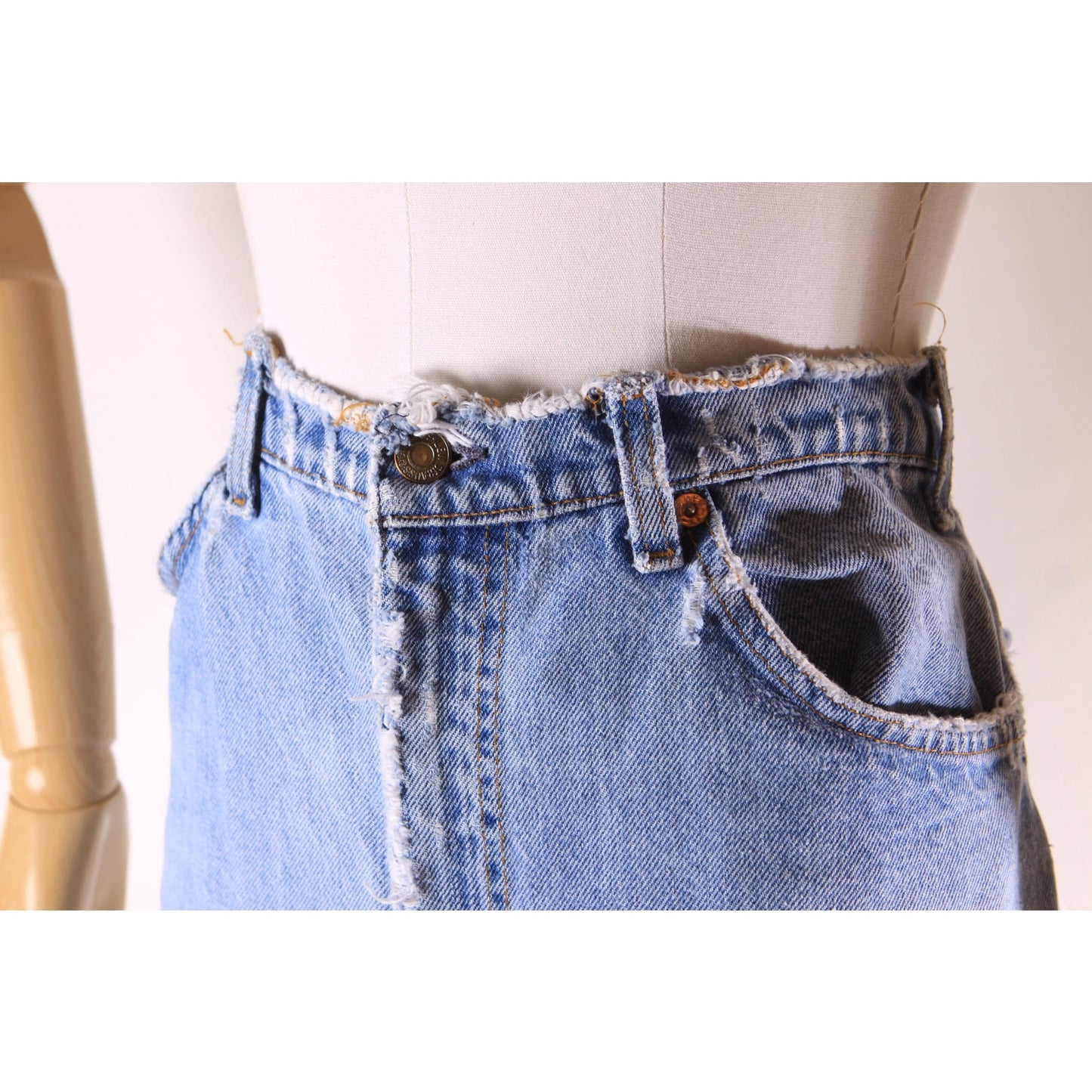 1980s Distressed Patch Fraying Blue Denim Orange Tab 517 Jeans by Levi's -38x30