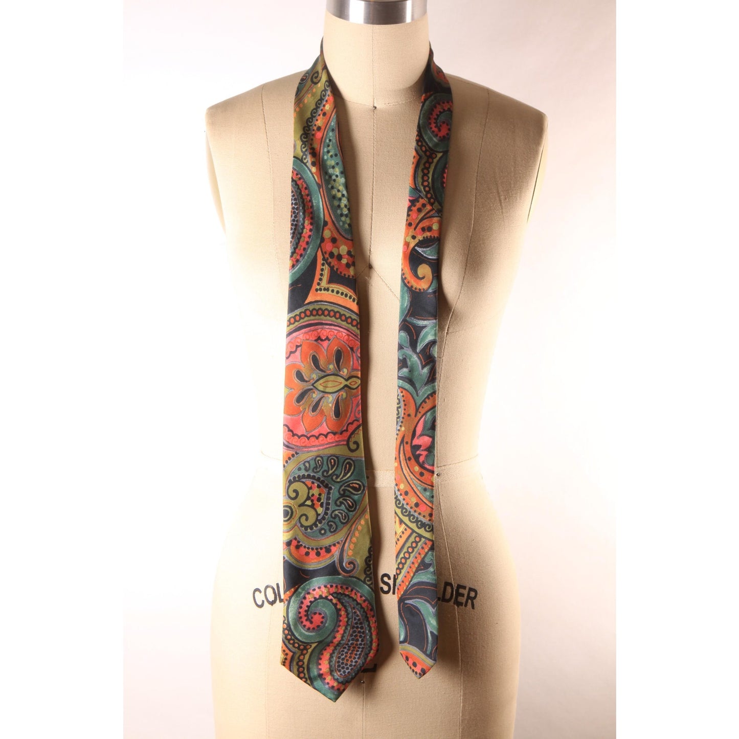 1970s Green, Blue, Pink Multi-Colored Paisley Print Necktie by Antonio Calafatano