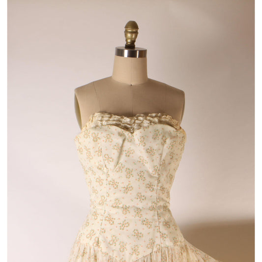 1940s Cream Off White Pink and Green Floral Bow Flocked Velvet Strapless Floor Length Formal Dress