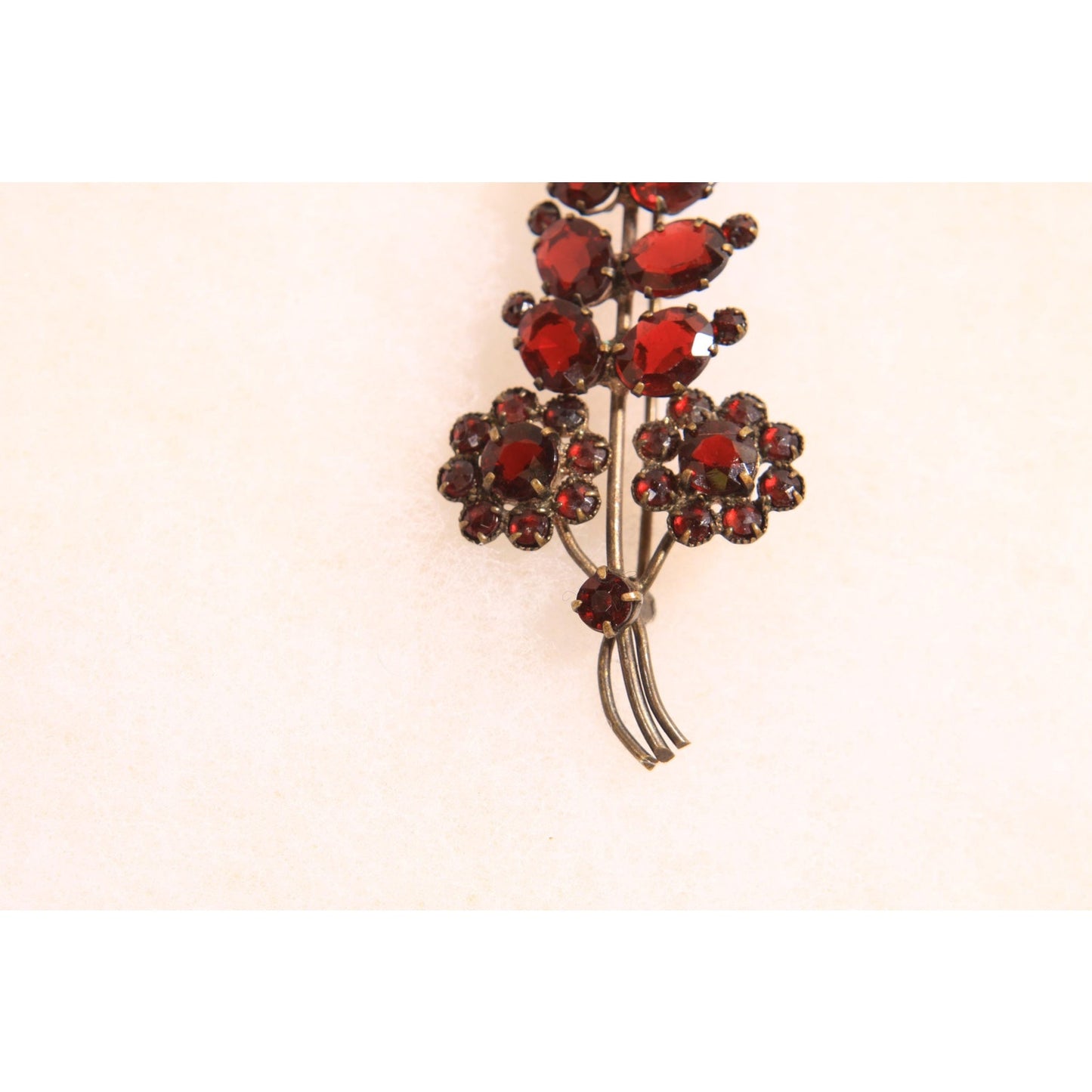 1930s Faux Garnet Red Glass Novelty Floral Leaf Bouquet Czech Slovakia Brooch