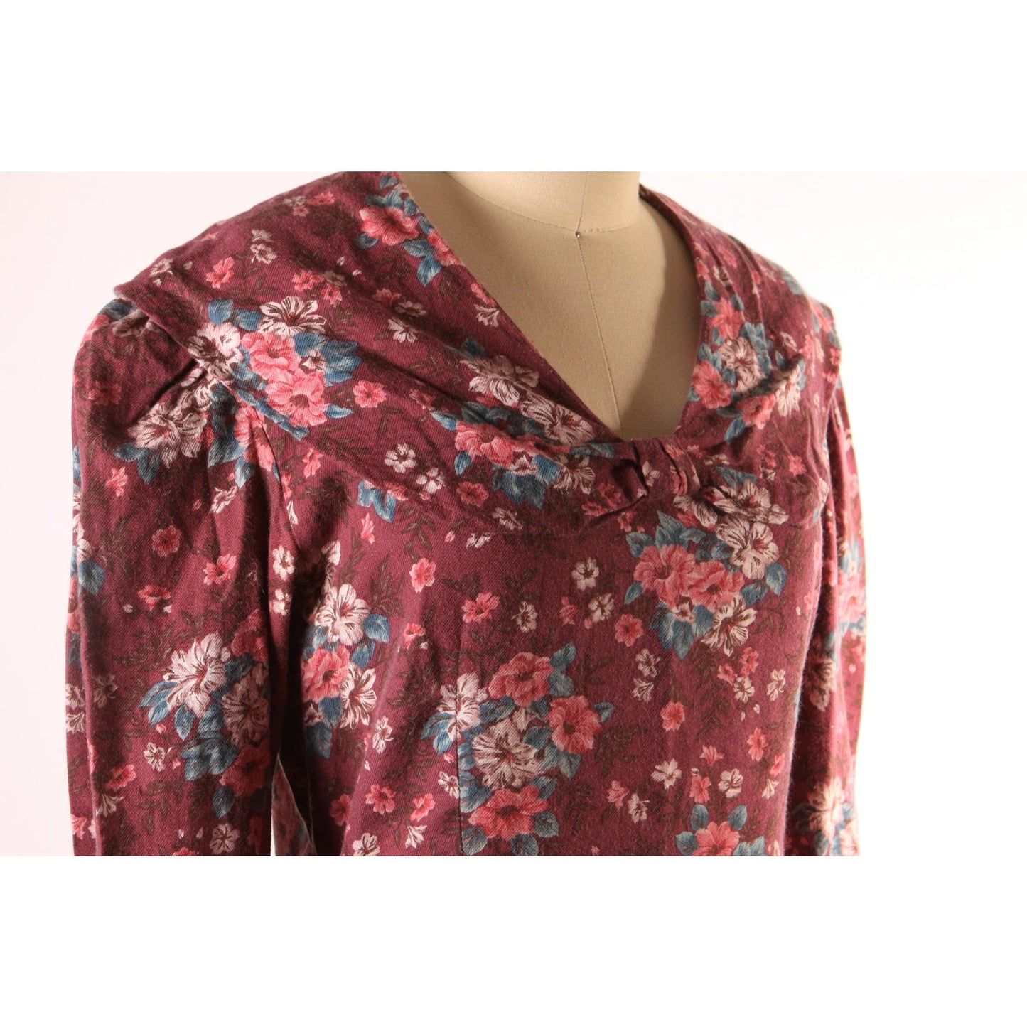 1980s Burgundy, Pink and Green Floral Sailor Collar Long Sleeve Dress by Laura Ashley-L