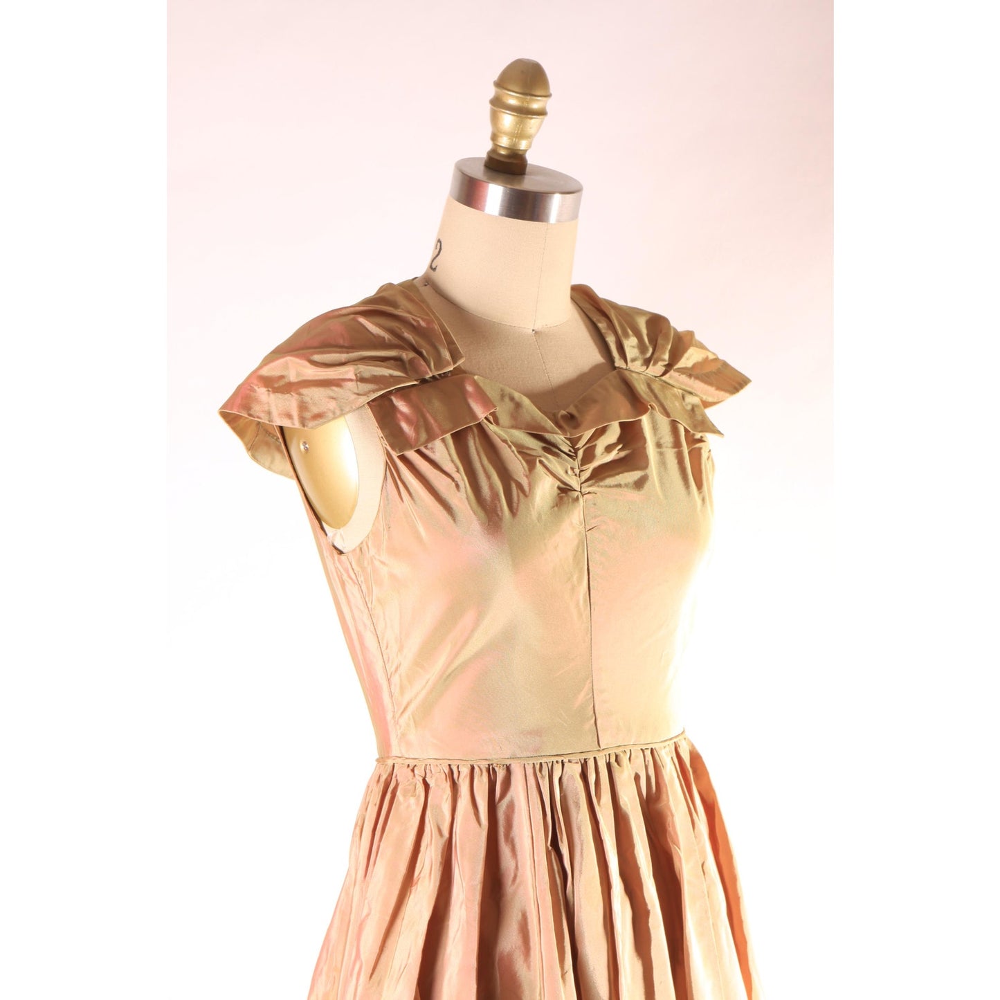 1940s Bronze Brown and Green Sharkskin Acetate Sleeveless Attached Wrap Full Length Formal Prom Dress -XS
