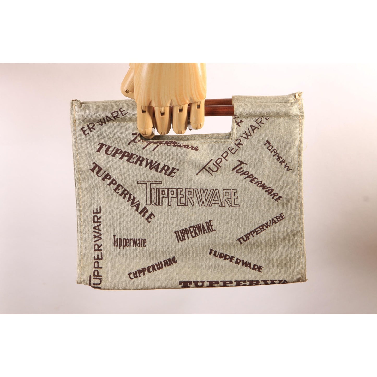 Deadstock 1970s Tan and Brown Novelty Tupperware Advertisement Wood Top Handle Purse Bag