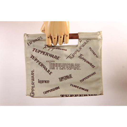 Deadstock 1970s Tan and Brown Novelty Tupperware Advertisement Wood Top Handle Purse Bag