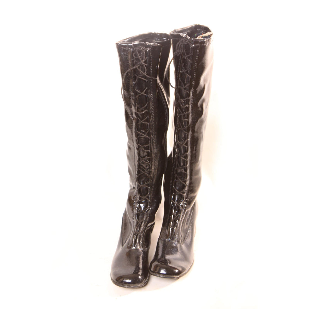 Deadstock 1960s Black Elastic Lace Up Zippered Go Go Boots -Made in Japan- Size 6, Size 6 1/2 and Size 7