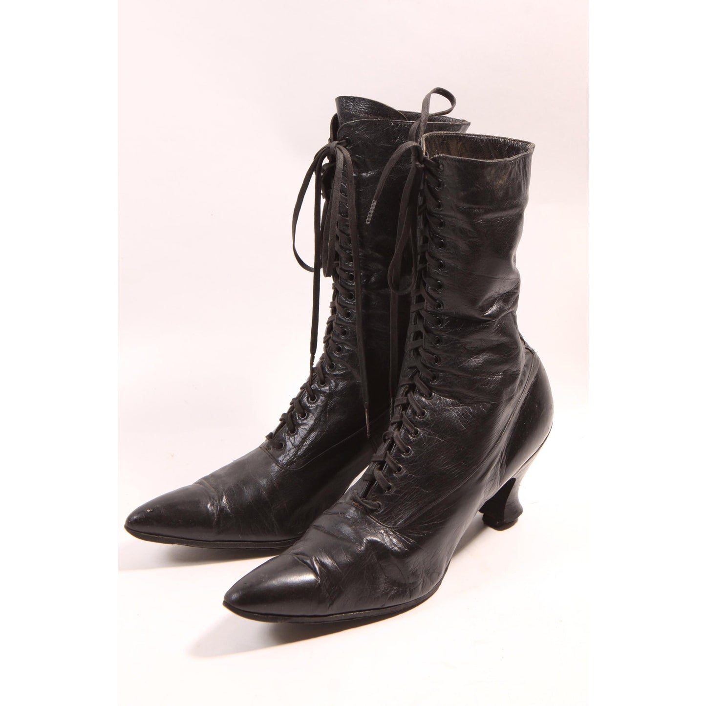 Antique 1800s Victorian Black Leather Lace Up High Heel Boots