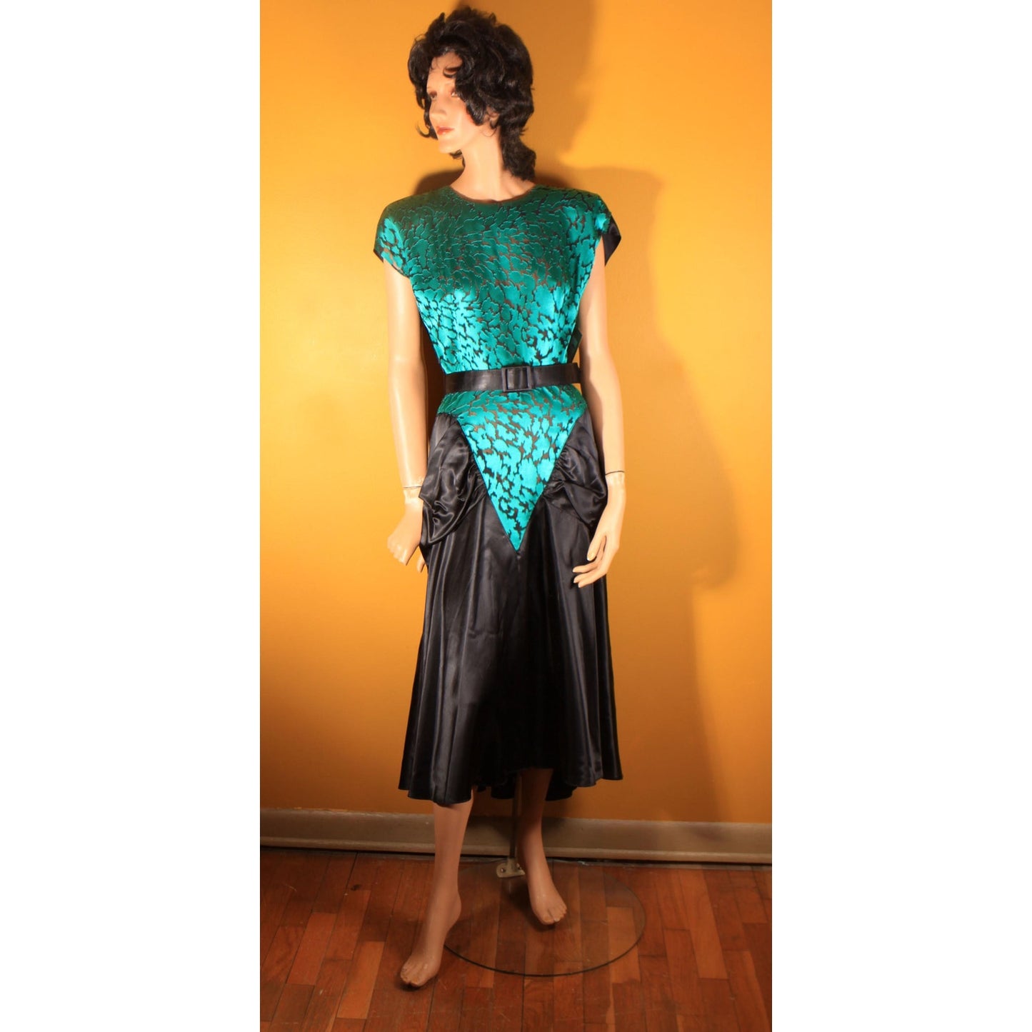 1980s Does 1940s Style Teal Blue Green and Black Sheer Cocktail Dress by Diamond's Run -L