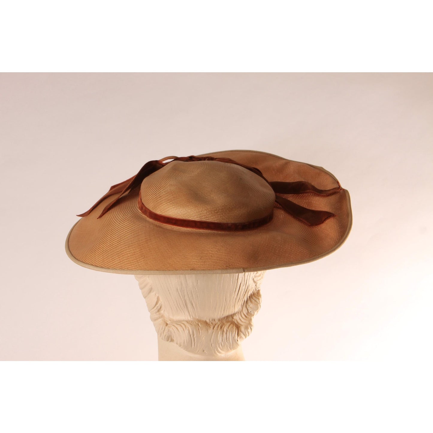 1940s Tan Straw Hat with Brown Velvet Bow Formal Wide Brim Sun Hat by Lady Beatrice Model