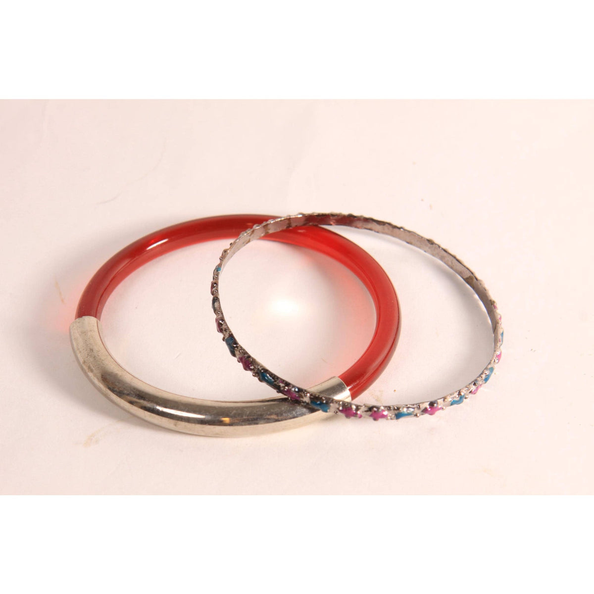 1970s 1980s Dark Red and Silver Tone Metal and Plastic and Metal Hot Pink and Blue Stack of Bangle Bracelets