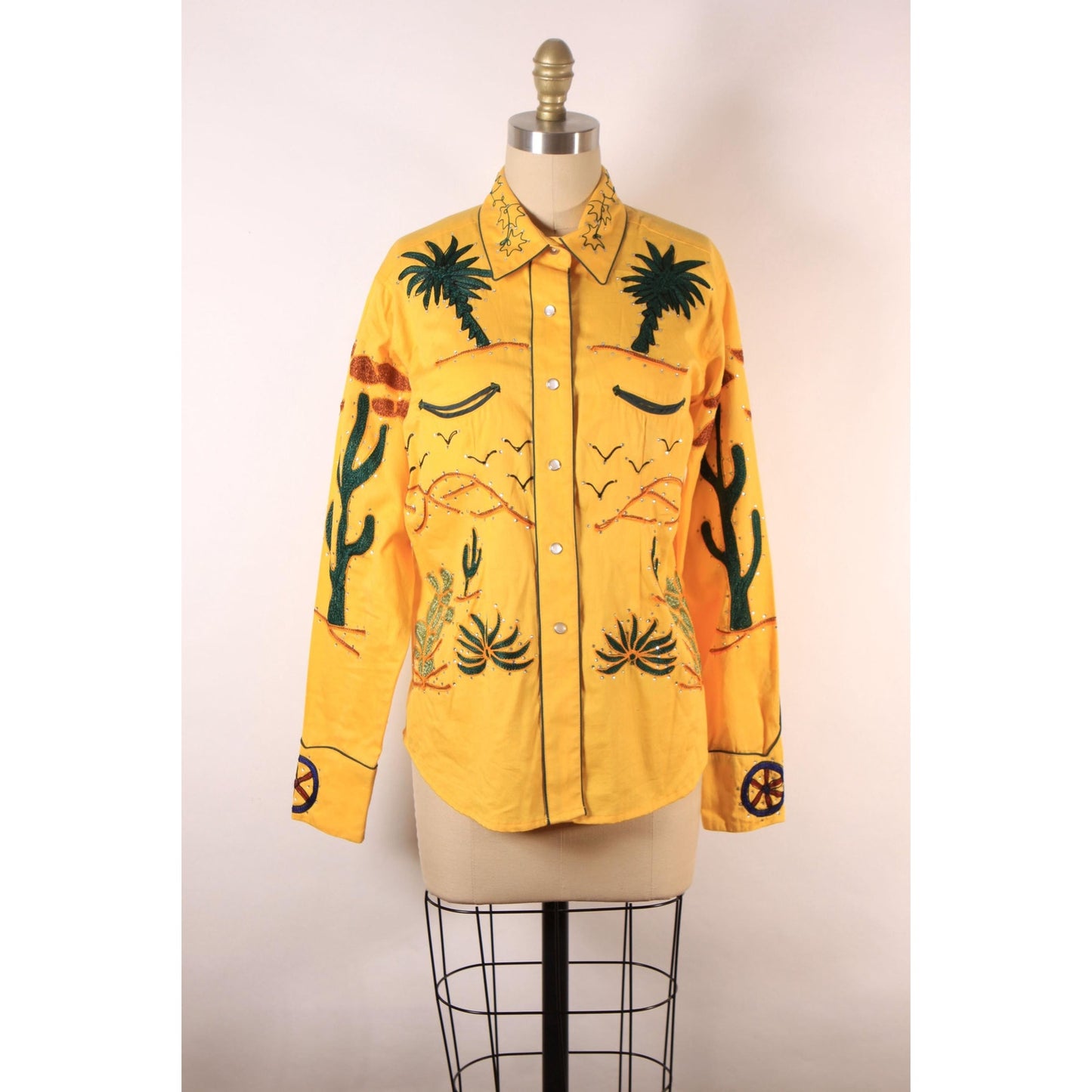 Reproduction Modern Vintage Style Retro Western Porter Wagoner Novelty Cactus and Wagon Embroidered Pearl Snap Shirt by Rockmount Ranch Wear