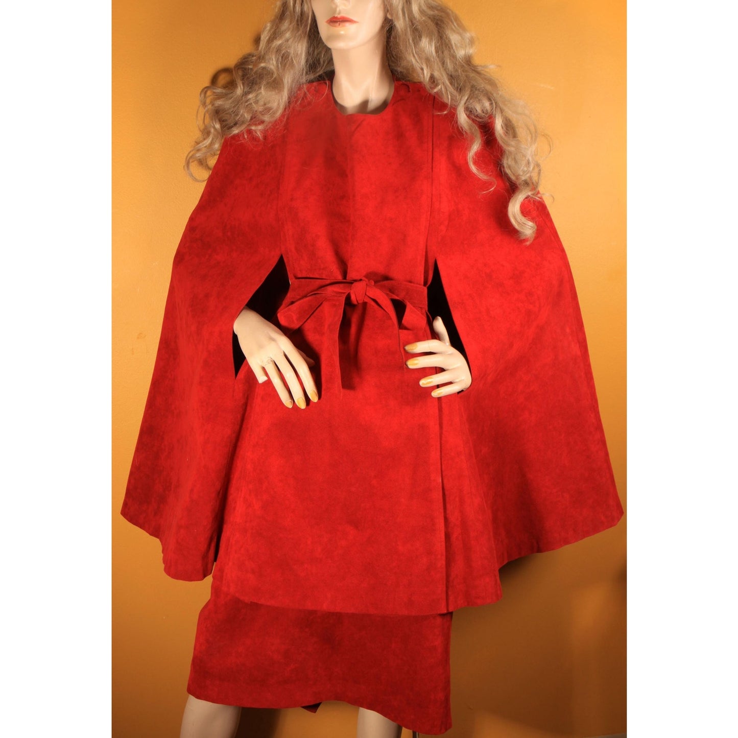 1970s Dark Red Microsuede Belted Cape with Matching Skirt Two Piece Outfit Skirt Suit -XL