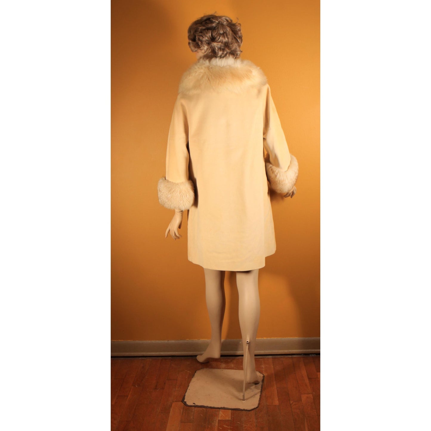 1960s Cream Tan Velvet Bracelet Sleeve Shearling Cuff and Collar Belted Coat by Country Pacer -M-L