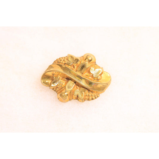 Antique Victorian 1800s Gold Tone Metal Ribbon and Floral Brooch