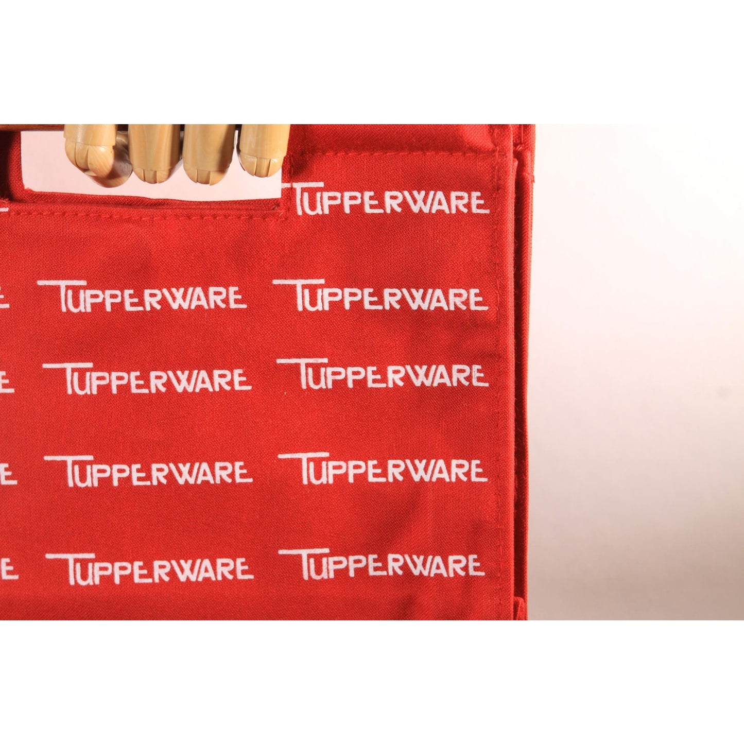 Deadstock 1970s 1980s Red and White Novelty Tupperware Advertisement Wood Top Handle Bag Purse