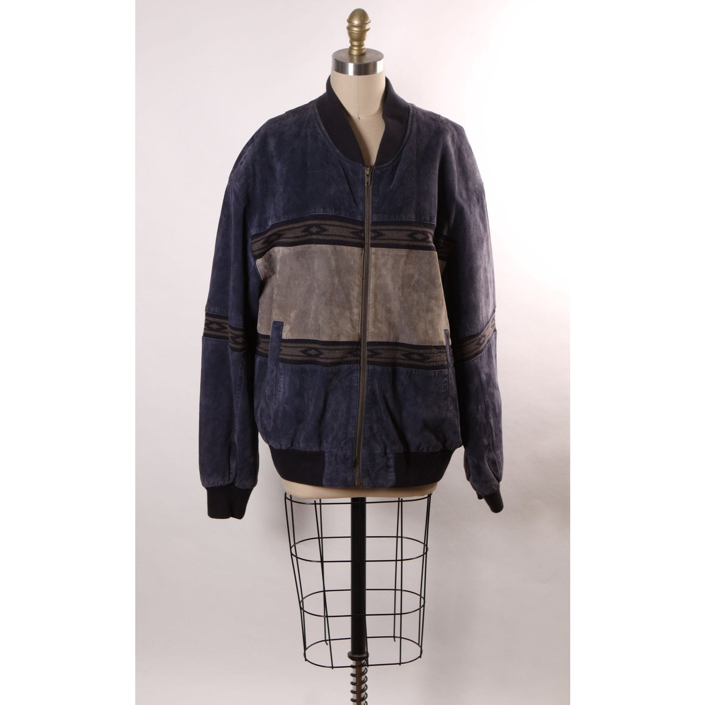 1980s Navy Blue and Gray Suede Leather Western Long Sleeve Zip Up Front Coat by Scully -L