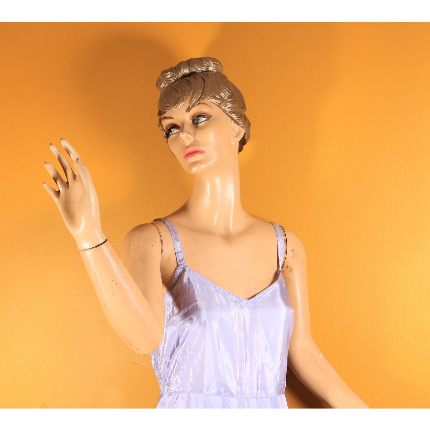 1950s Sheer Light Blue Short Sleeved Fit and Flare Floral Lace Trim Dress -L