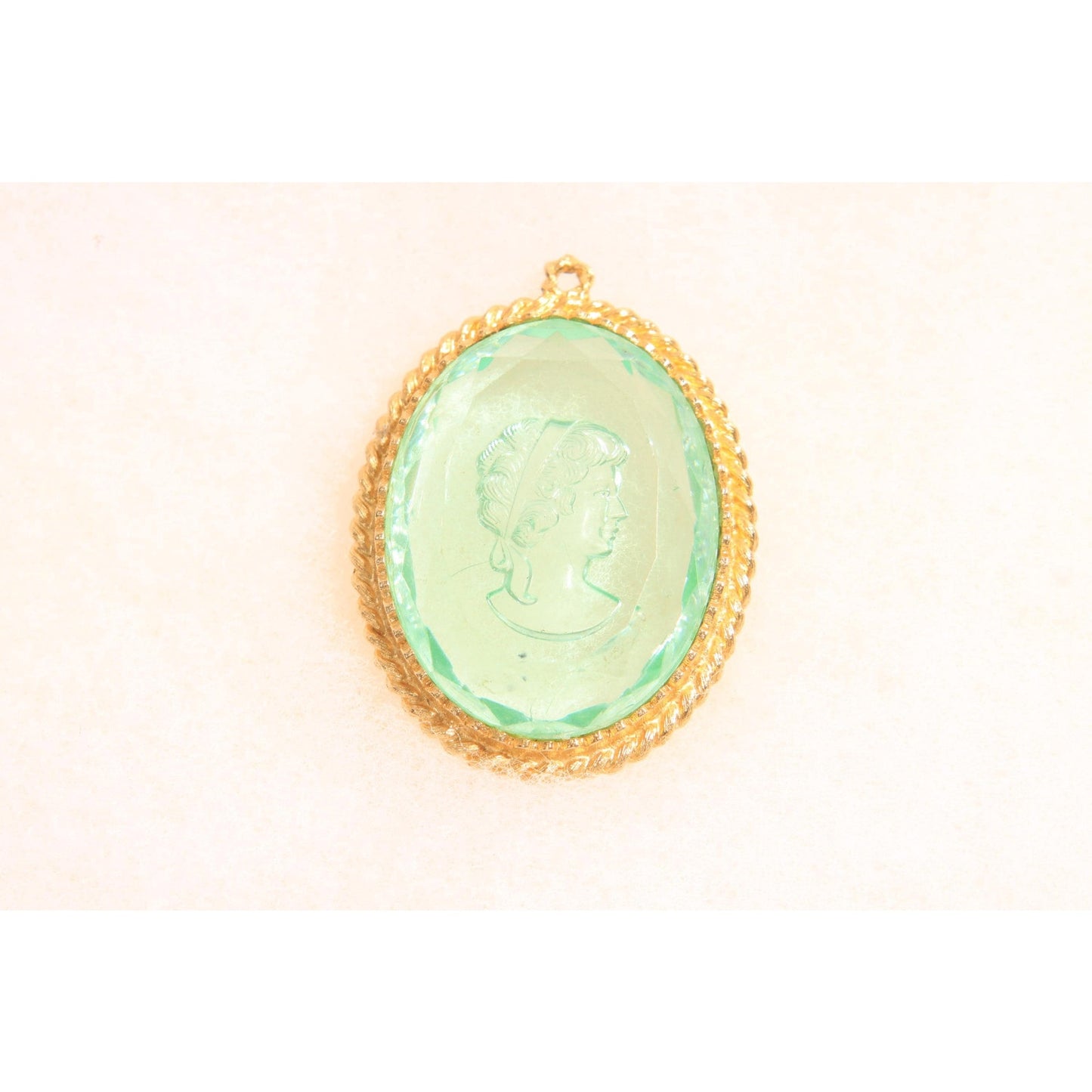 1970s Gold Tone Metal Blue Clear Glass Cameo Etched Glass Necklace Pendant