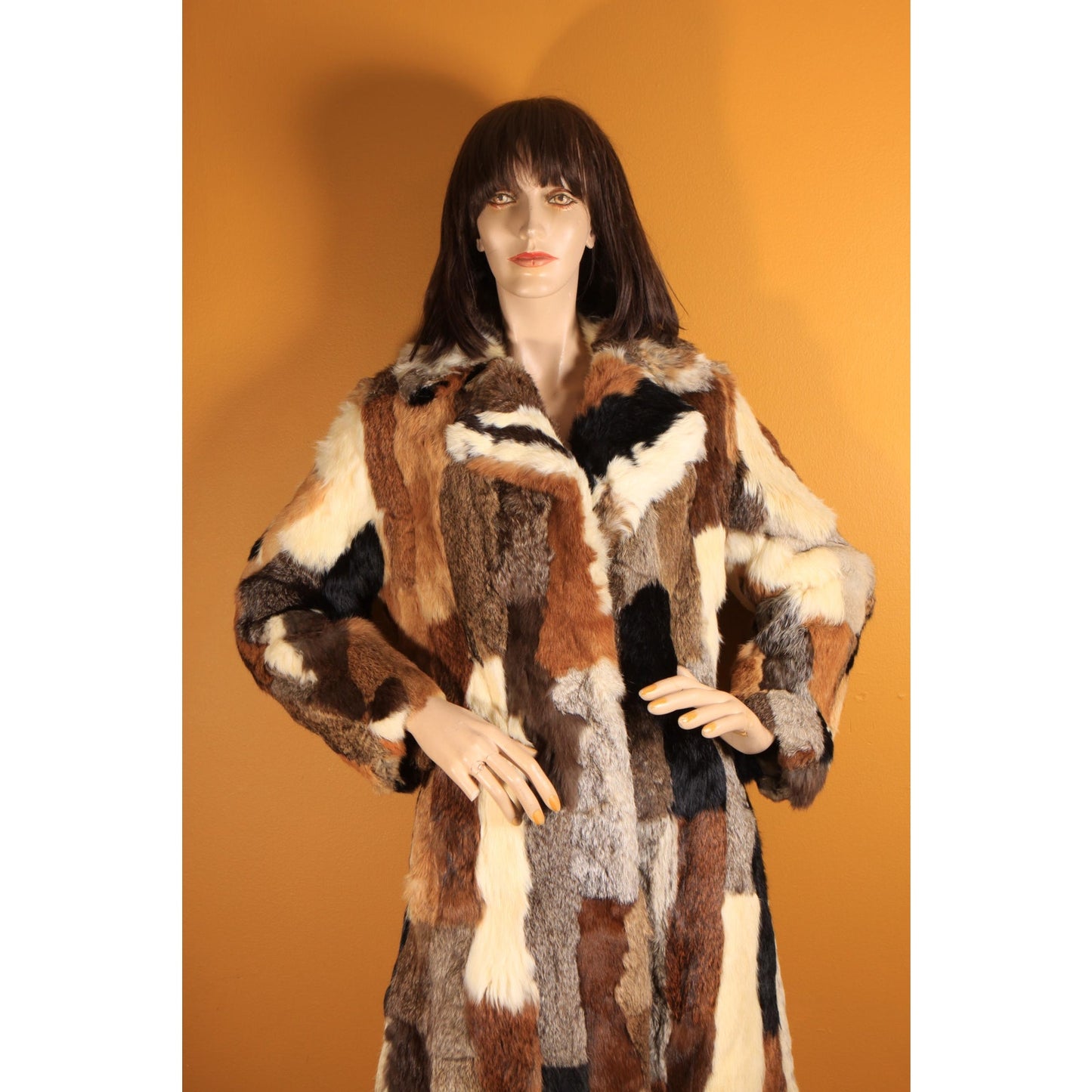 1970s Multi-Colored Patchwork Rabbit Fur Long Sleeve Penny Lane Coat by Mademoiselle Furs -M