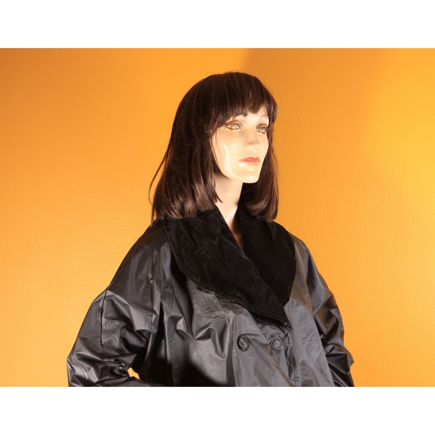 1980s Black Vinyl Velvet Trim Button Down Raincoat -XL