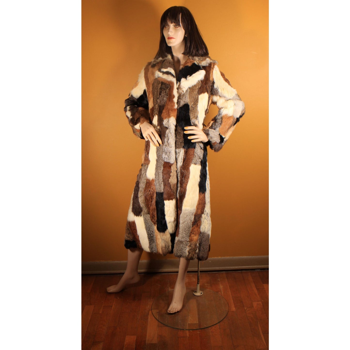 1970s Multi-Colored Patchwork Rabbit Fur Long Sleeve Penny Lane Coat by Mademoiselle Furs -M