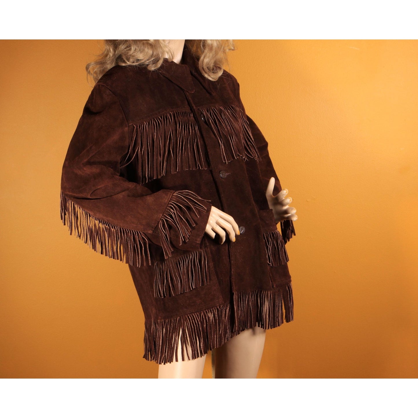 1970s Dark Brown Long Sleeve Fringe Western Suede Leather Mens Coat by Rice Sports Wear -M-L
