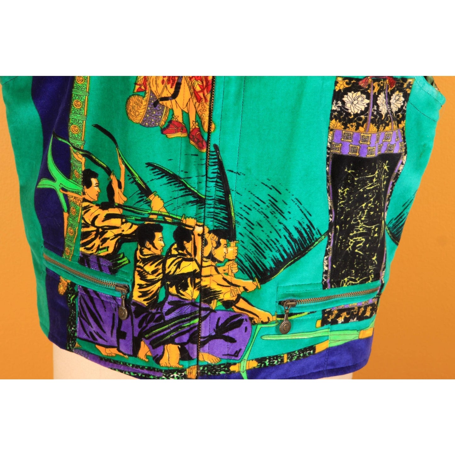1990s Green and Multi-Colored Novelty Velvet Japanese Samurai Zip Up Vest by Versace Sport -XL-2XL