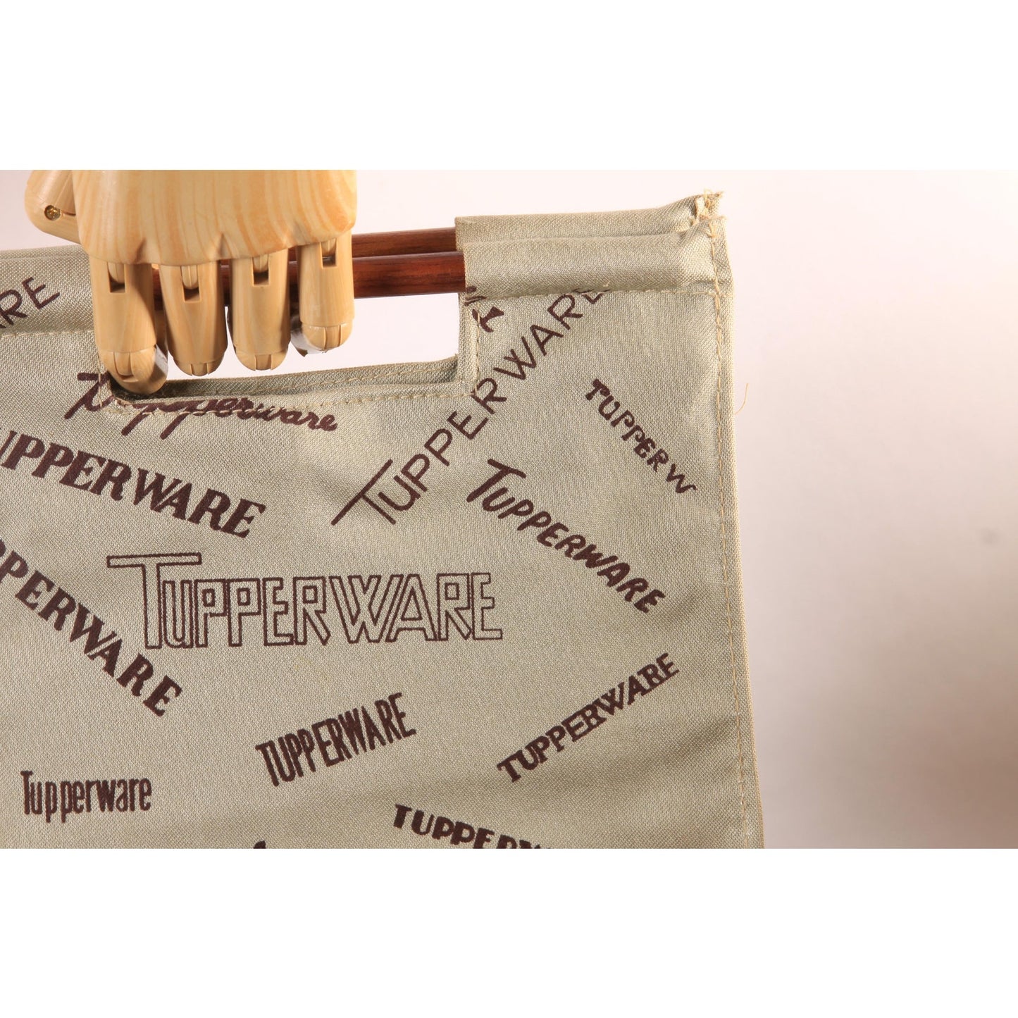 Deadstock 1970s Tan and Brown Novelty Tupperware Advertisement Wood Top Handle Purse Bag