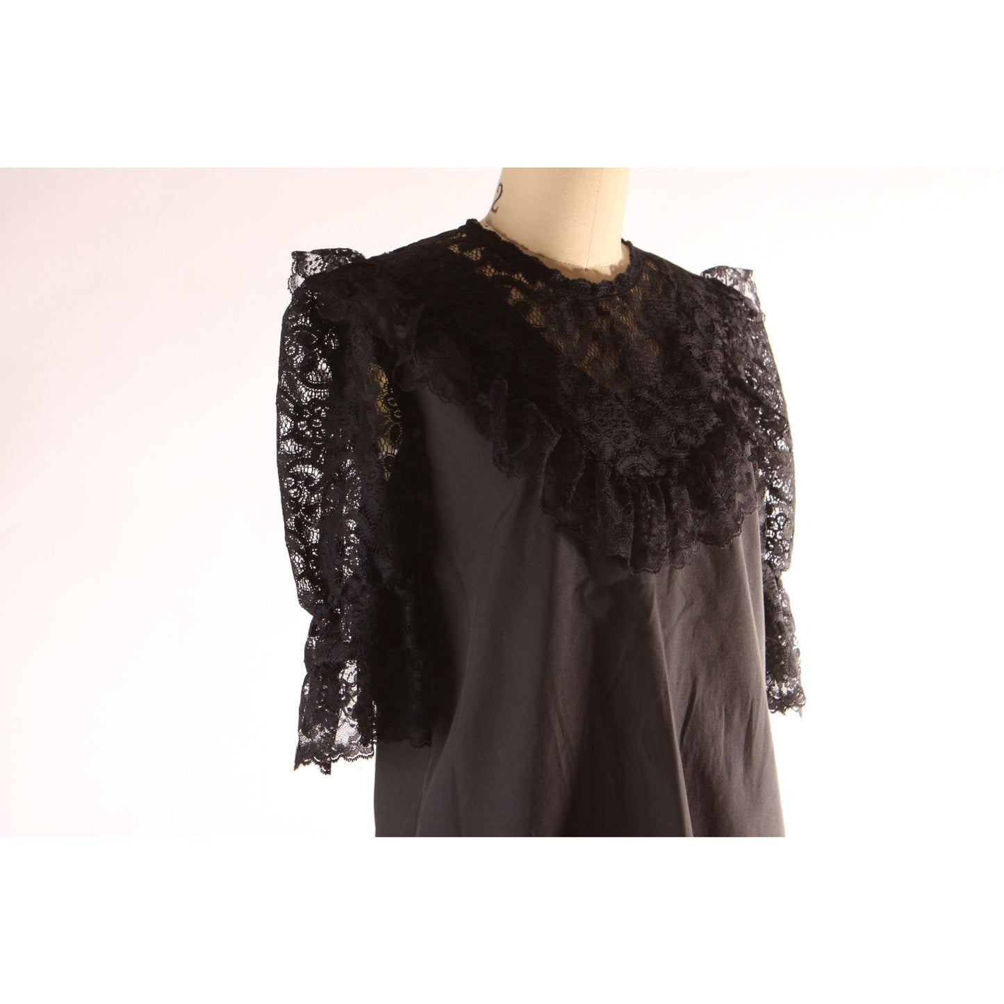 1970s Early 1980s Black Sheer Lace Puffy Sleeve Square Dance Gothic Blouse by Square Up -S
