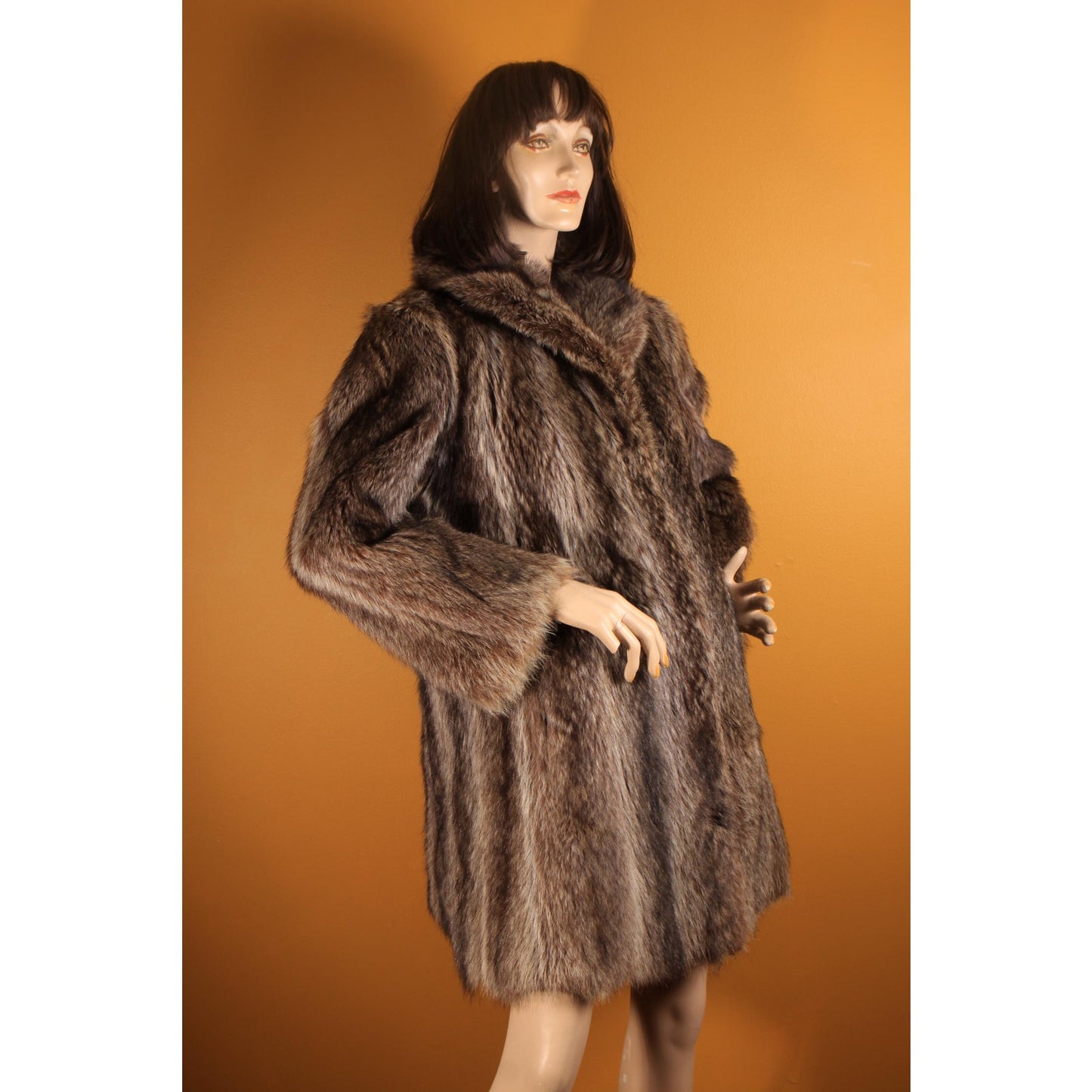 1970s Gray and Black Long Sleeve Raccoon Fur Coat -XL