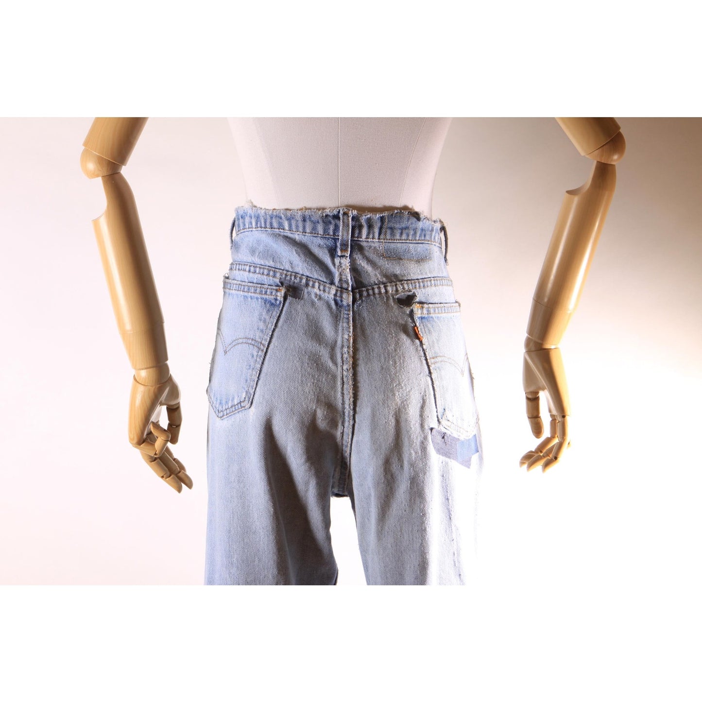 1980s Distressed Patch Fraying Blue Denim Orange Tab 517 Jeans by Levi's -38x30
