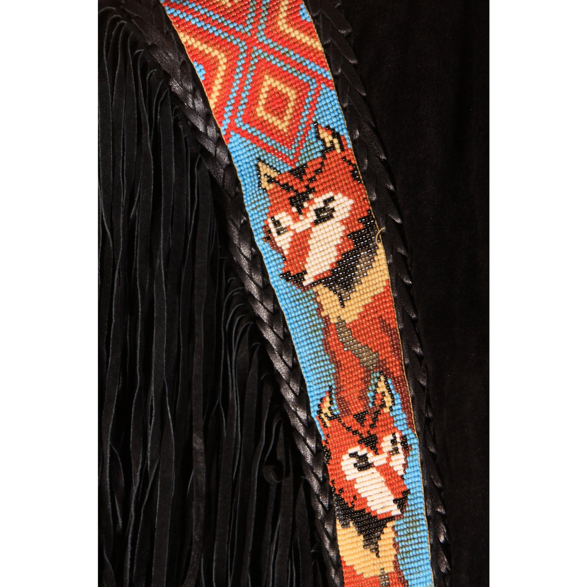 1980s Black Suede Leather Star Embellishments Novelty Beaded Wolf Fox Blue and Red Fringe Mens Western Coat by Diamond Leathers