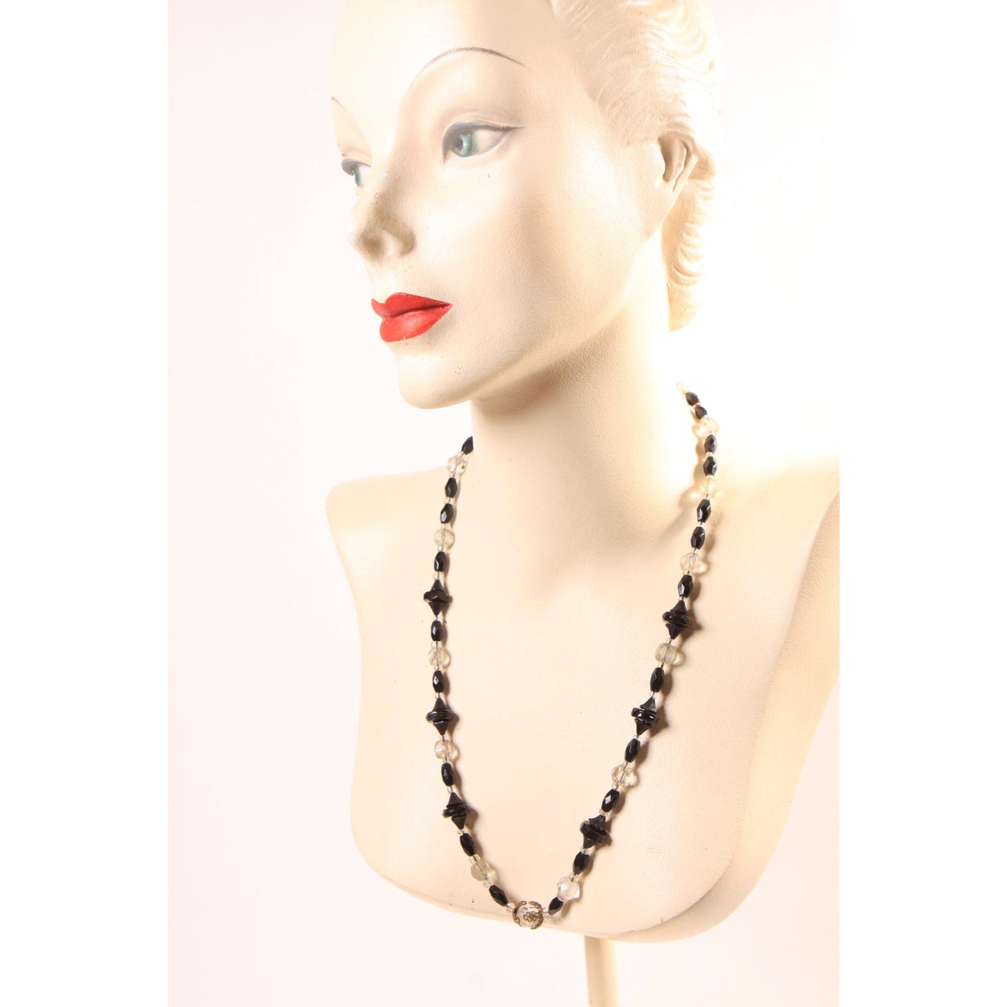 1940s 1950s Black and Clear Glass Faceted Beaded Necklace