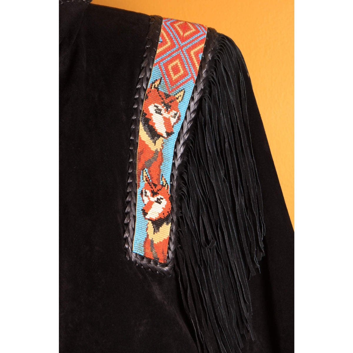 1980s Black Suede Leather Star Embellishments Novelty Beaded Wolf Fox Blue and Red Fringe Mens Western Coat by Diamond Leathers