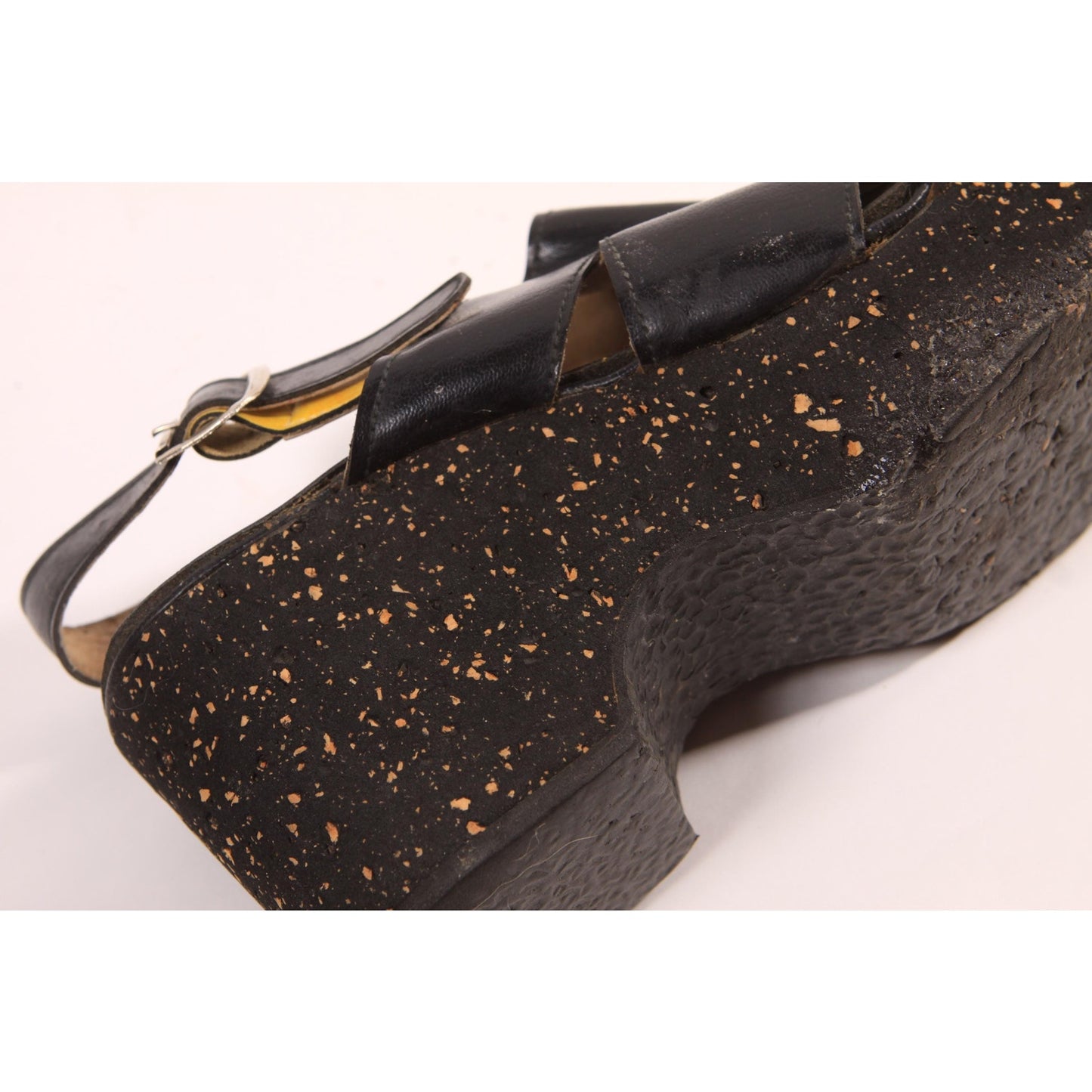 Late 1970s Early 1980s Black and Yellow Splatter Paint Platform High Heel Sandals