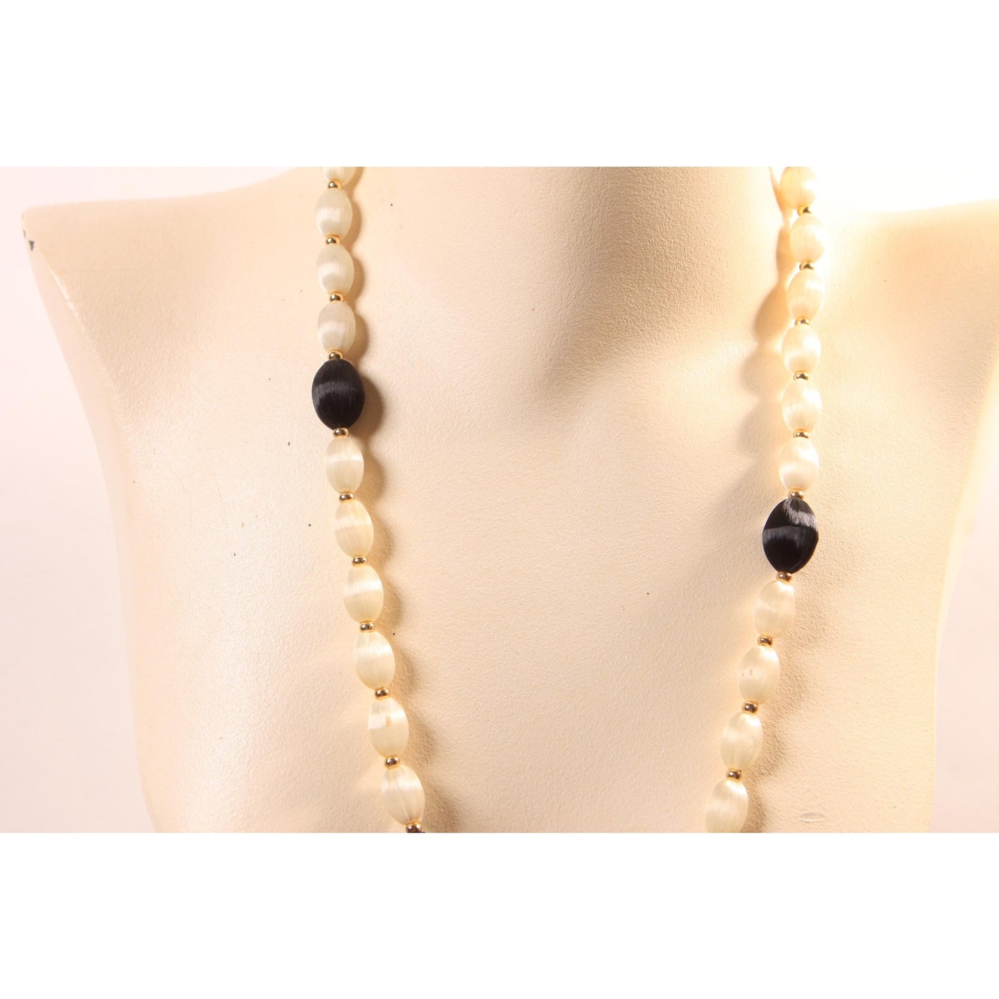1960s White, Black and Gold Tone Metal Satin Circle Beaded Necklace