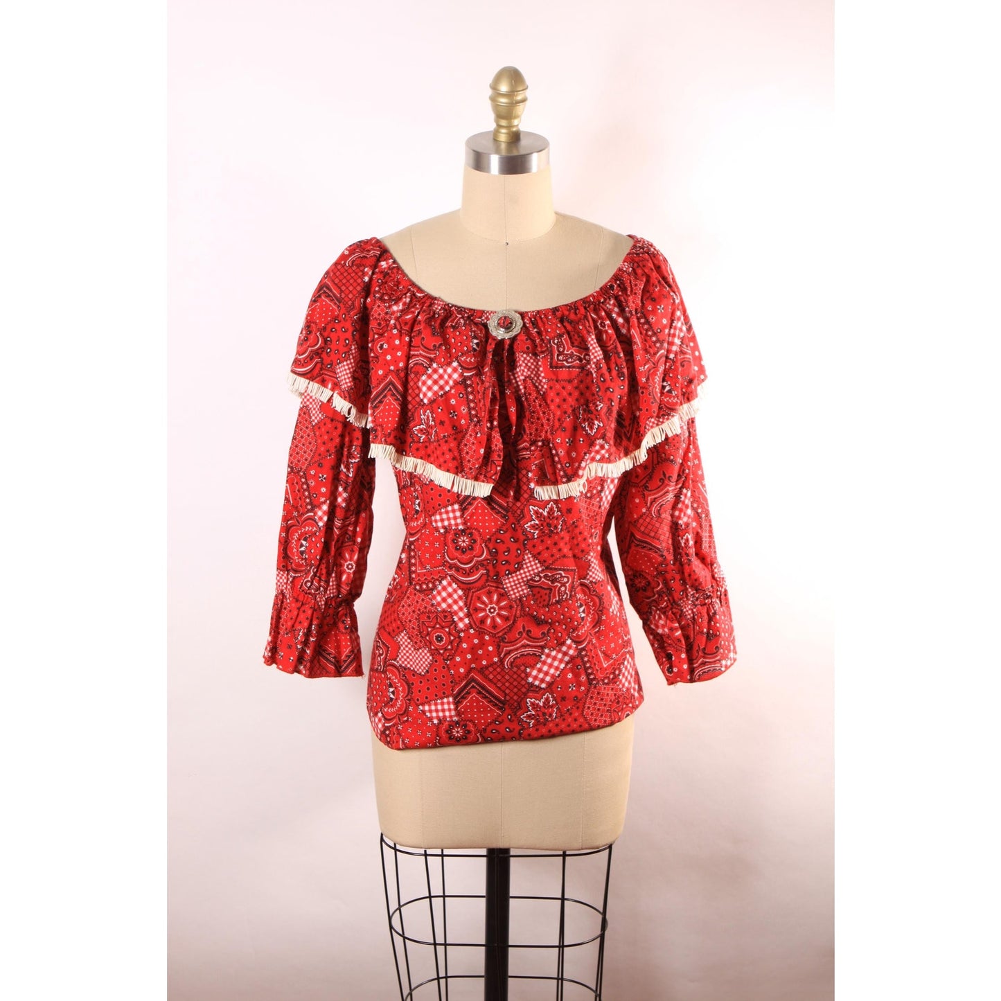 1980s Red, Black and White Novelty Bandana Print Fringe Trim Western Cowgirl Off the Shoulder Blouse Top -M