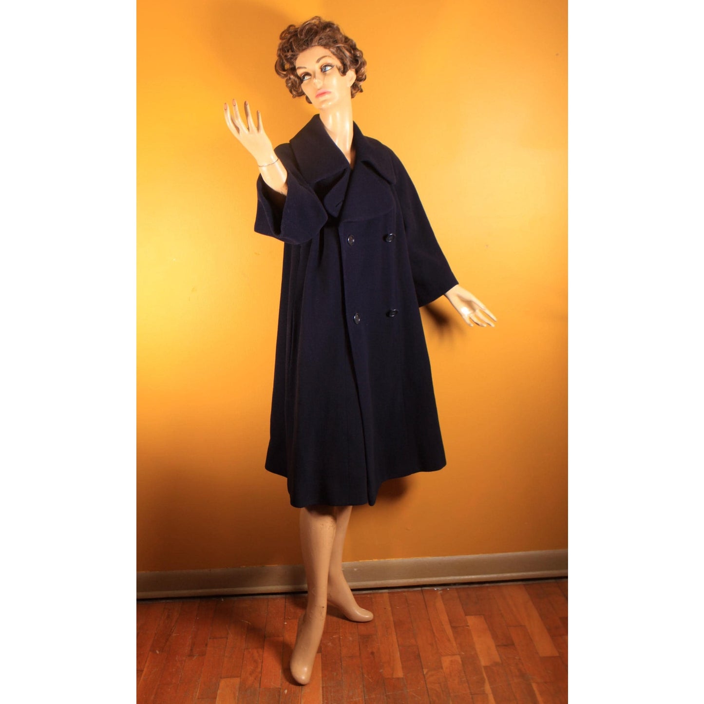 1950s Navy Blue Long Sleeve Button Up Pea Coat by Traina-Norell -XL