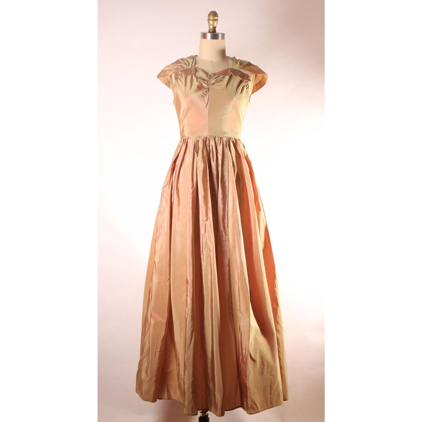 1940s Bronze Brown and Green Sharkskin Acetate Sleeveless Attached Wrap Full Length Formal Prom Dress -XS