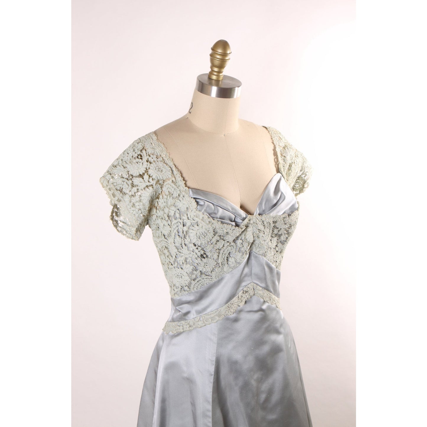 Early 1950s Pale Ice Blue Short Sleeve Sheer Lace Overlay Formal Dress by Montaldo’s -L