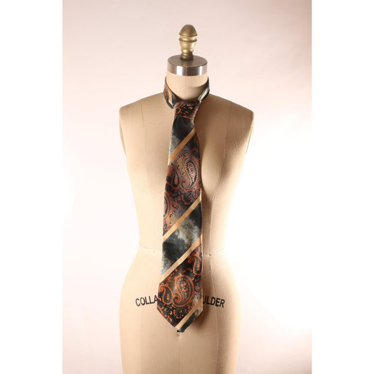 1970s Teal Blue Green, Orange and Gray Paisley Striped Necktie Tie by Damon