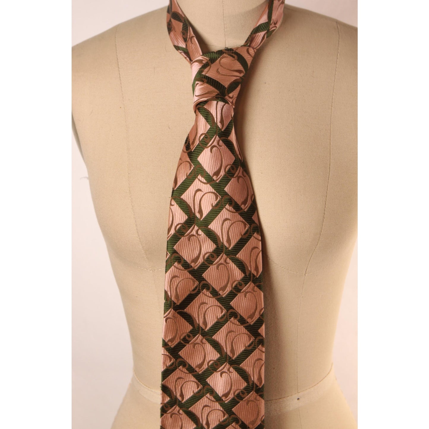 1970s Forest Green, Gold and Tan Plaid Swirl Wide Necktie Tie by Montgomery Ward