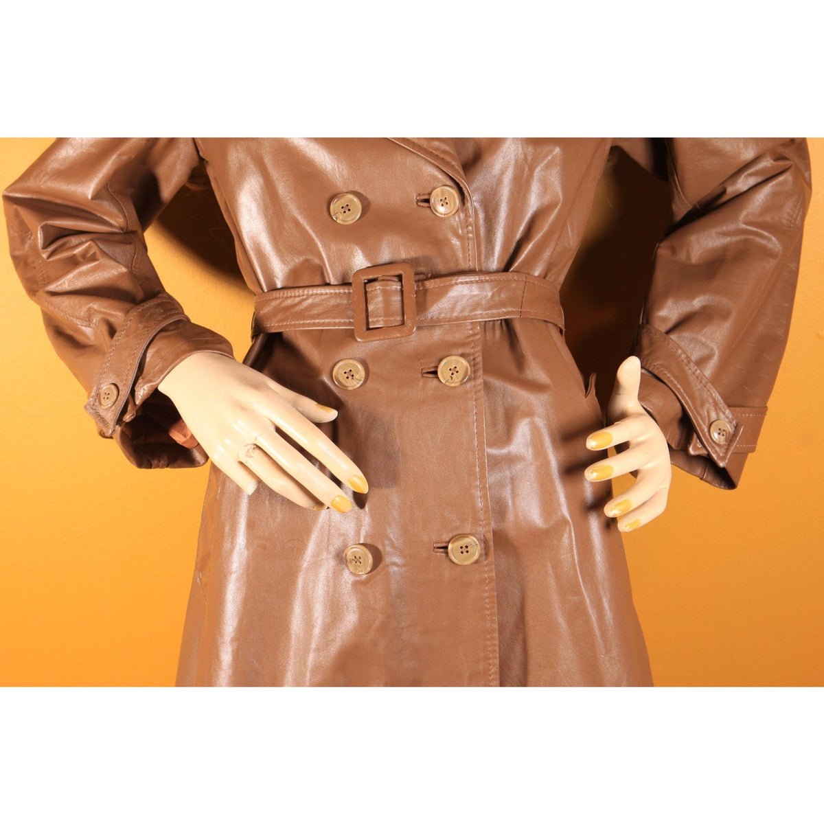 1970s Tan Brown Long Sleeve Belted Pocketed Leather Trench Coat by Montgomery Ward -M