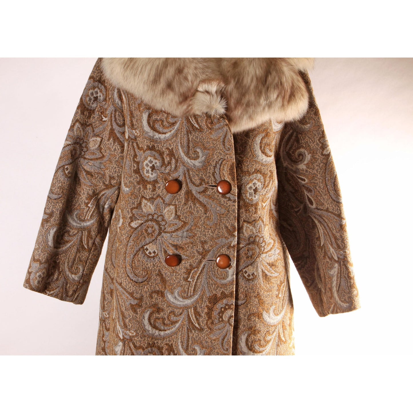 1960s Brown and Blue Gray Swirl Paisley Tapestry Fox Fur Collar Carpet Coat