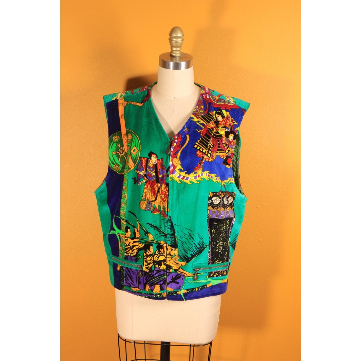 1990s Green and Multi-Colored Novelty Velvet Japanese Samurai Zip Up Vest by Versace Sport -XL-2XL