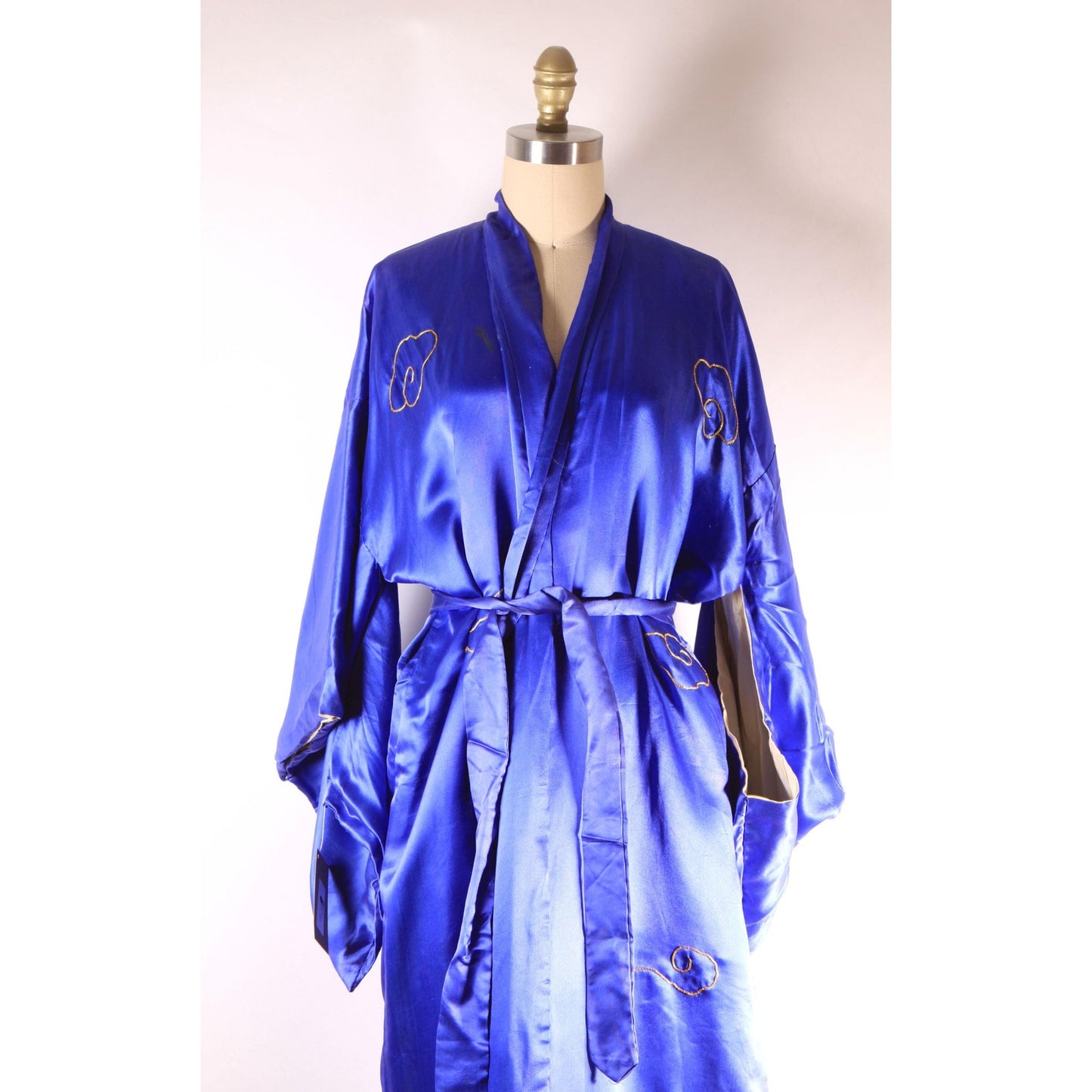 1950s Blue, Gold and Red Novelty Japanese Dragon Waist Tie Robe Kimono-L