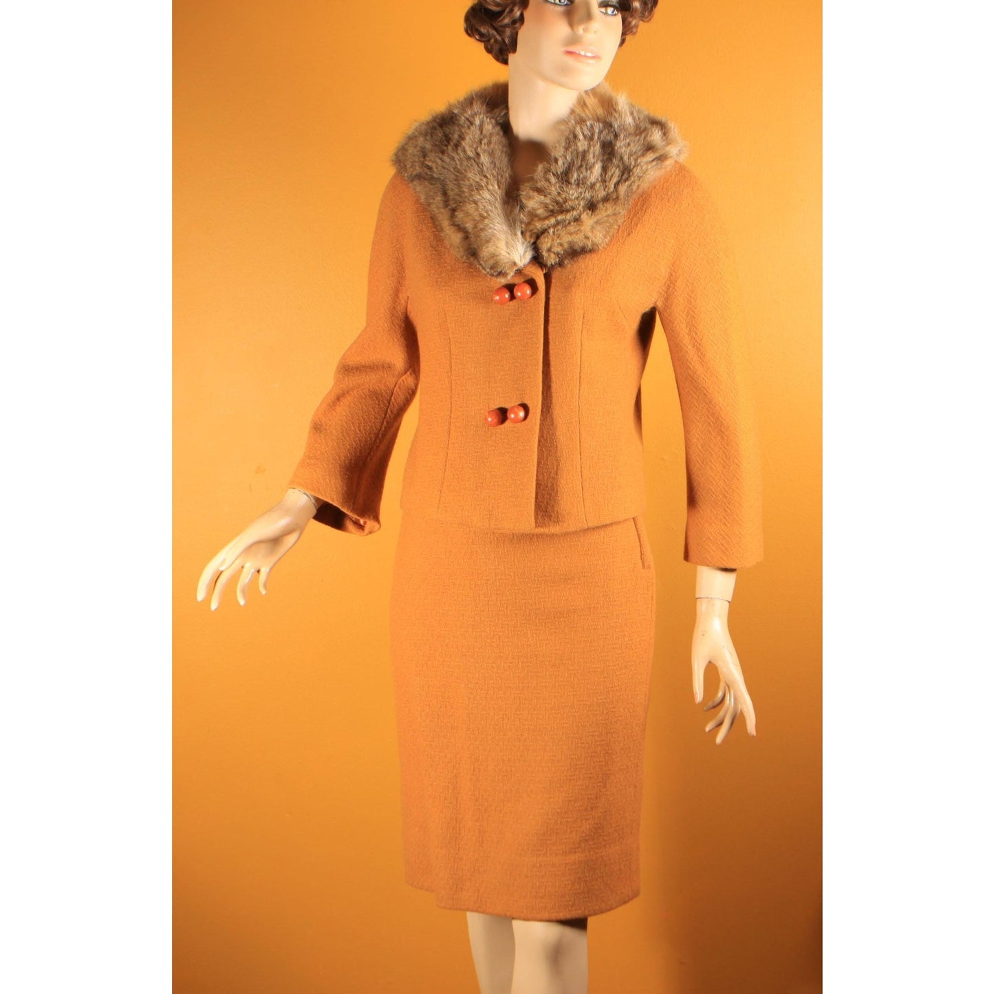 1950s Harvest Gold Yellow Bracelet Sleeve Fox Fur Collar Jacket and Pencil Skirt Two Piece Suit Outfit -XS